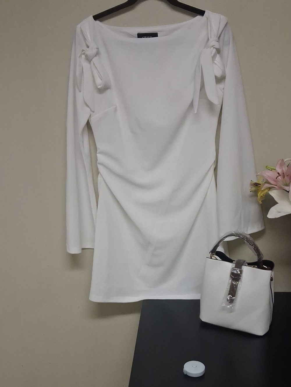 Cider White Tie-Shoulder Long Sleeve Dress - Picture 2 of 8